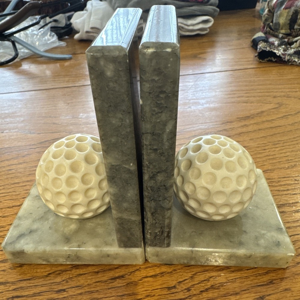 Vintage MCM Pair Genuine Alabaster Bookend Made In Italy Golf
